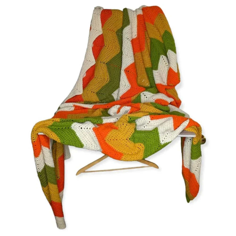 Vintage Colorful Crochet Chevron Throw